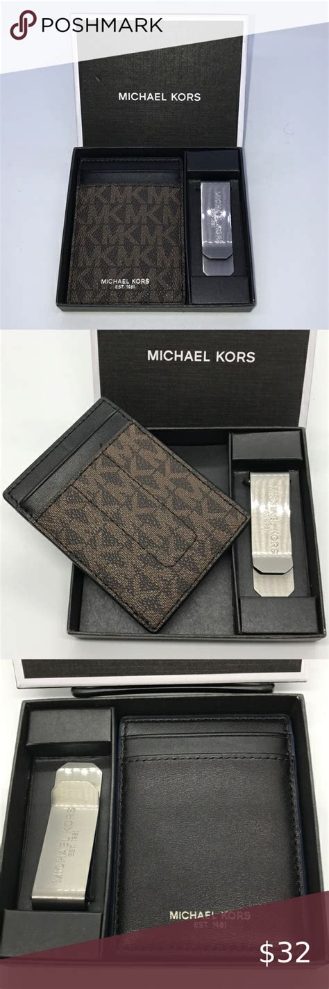 michael kors men's card holder & money clip set brown/black|michael kors men's wallet outlet.